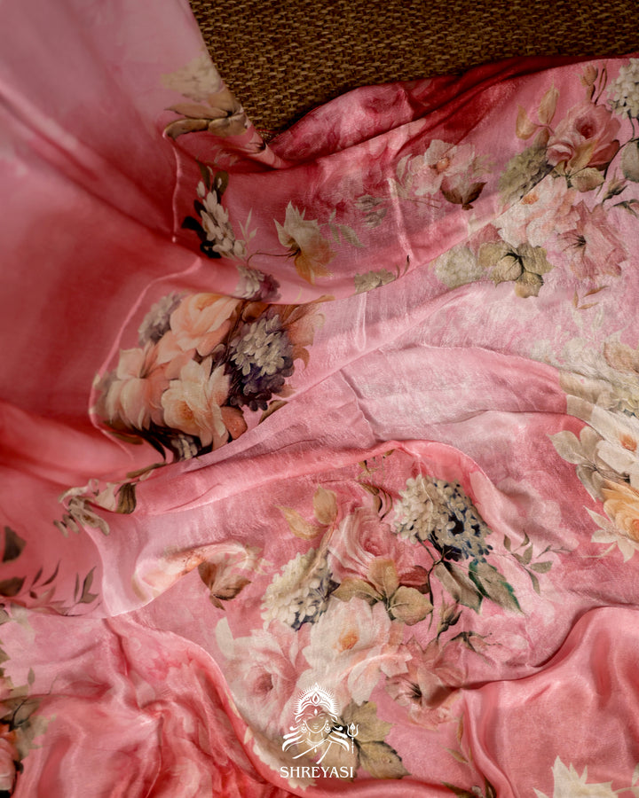 Peach pink Chinon Satin Floral Saree with Embroidered Border