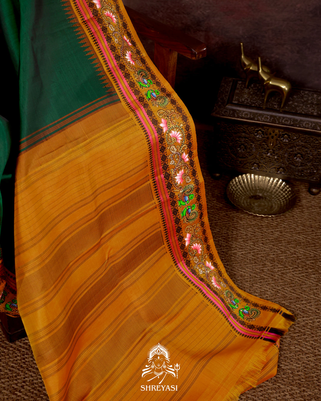 Handloom Pure Kanjivaram Silk Saree in Real Zari with Tanjore Mayil and Kamalam Artwork