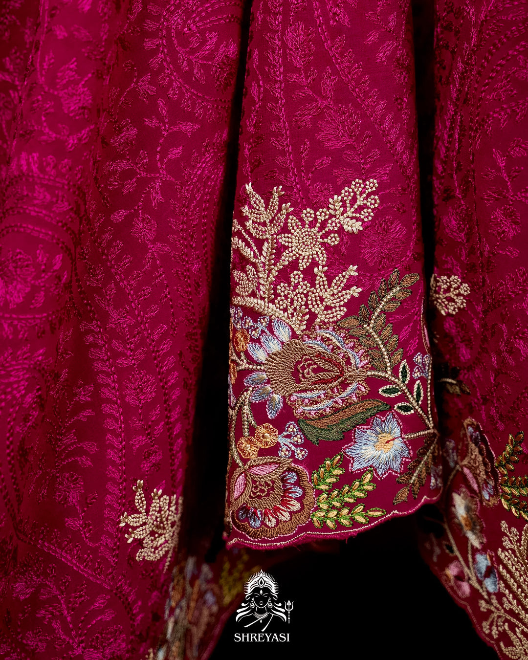 Premium Pure Georgette Chikankari Saree in Jewel Magenta with Embroidered Floral Borders