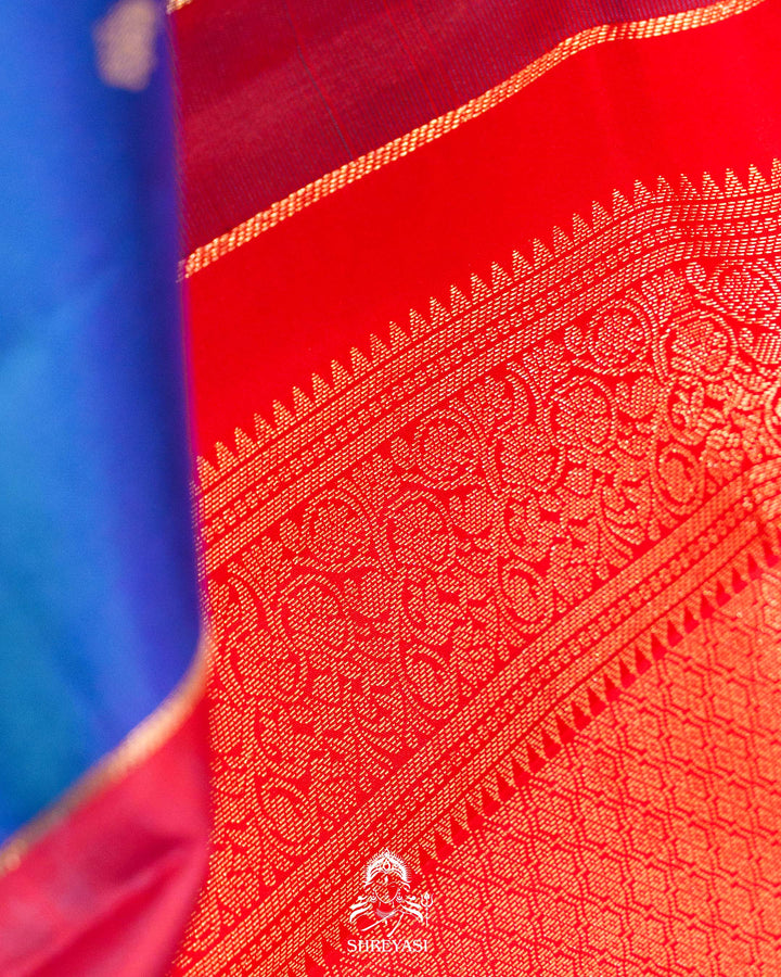 Handloom Pure Kanjivaram Silk Saree in MS Blue with Classic Vintage Borders