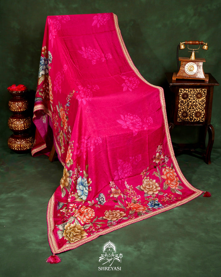 Floral Crepe Chiffon Saree with Embroidered Borders