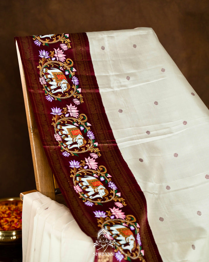 Traditional Tanjore Painting on Handloom Pure Kanjivaram Silk Sarees with Real Zari
