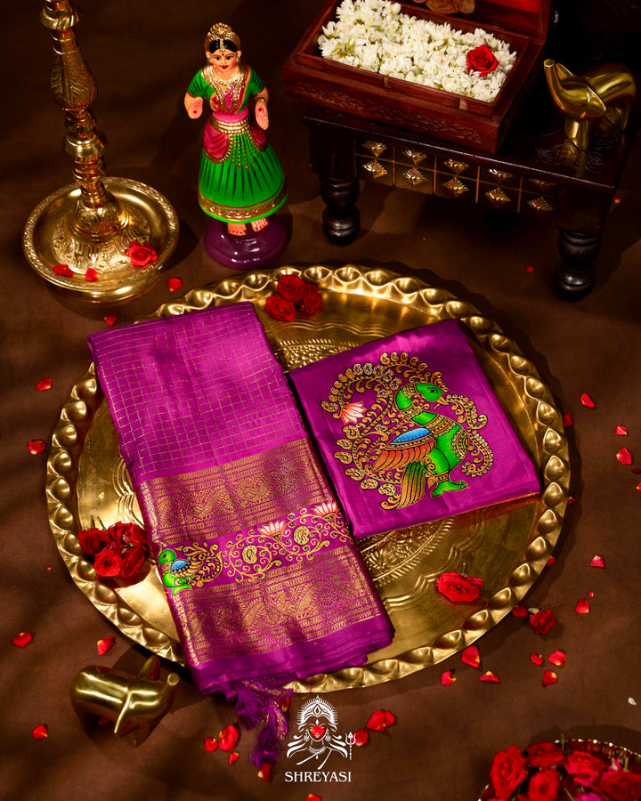 Handloom Pure Kanjivaram Silk Sarees with Real Zari and Hand Painted Tanjore Art
