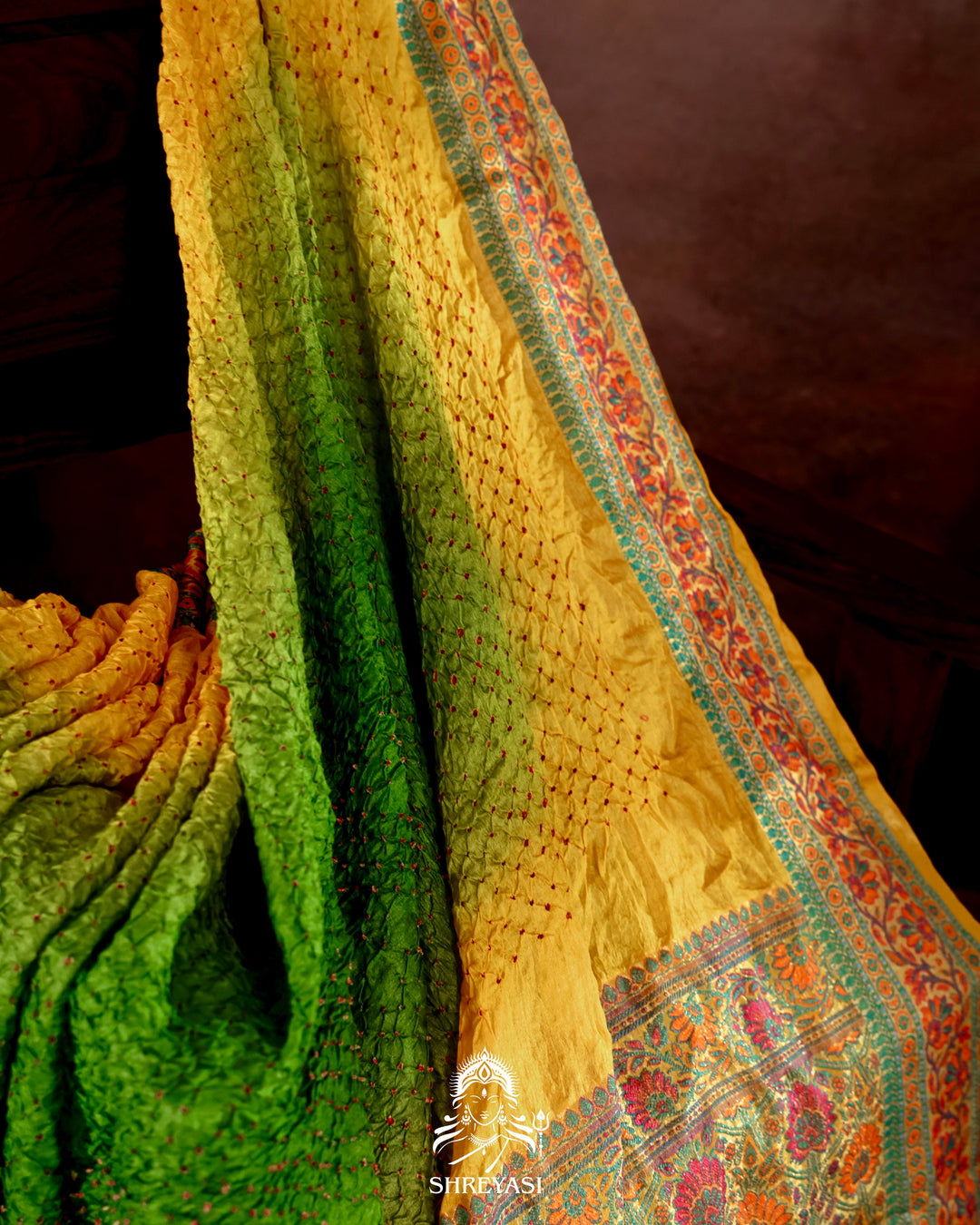 Hand Knotted Bandhej Tussar Silk Saree with Meenakari Weaving