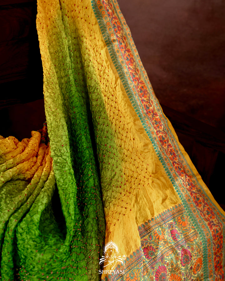 Hand Knotted Bandhej Tussar Silk Saree with Meenakari Weaving