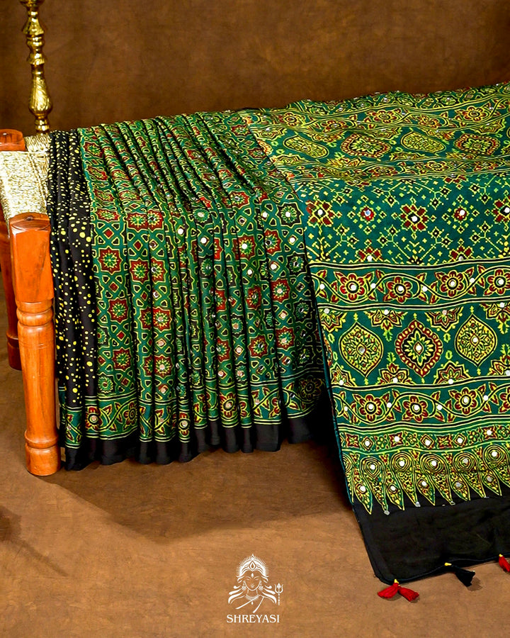 Mirror Work Pure Modal Silk Ajrakh Hand Block Printed Saree | Naturally Dyed Artisan Collection