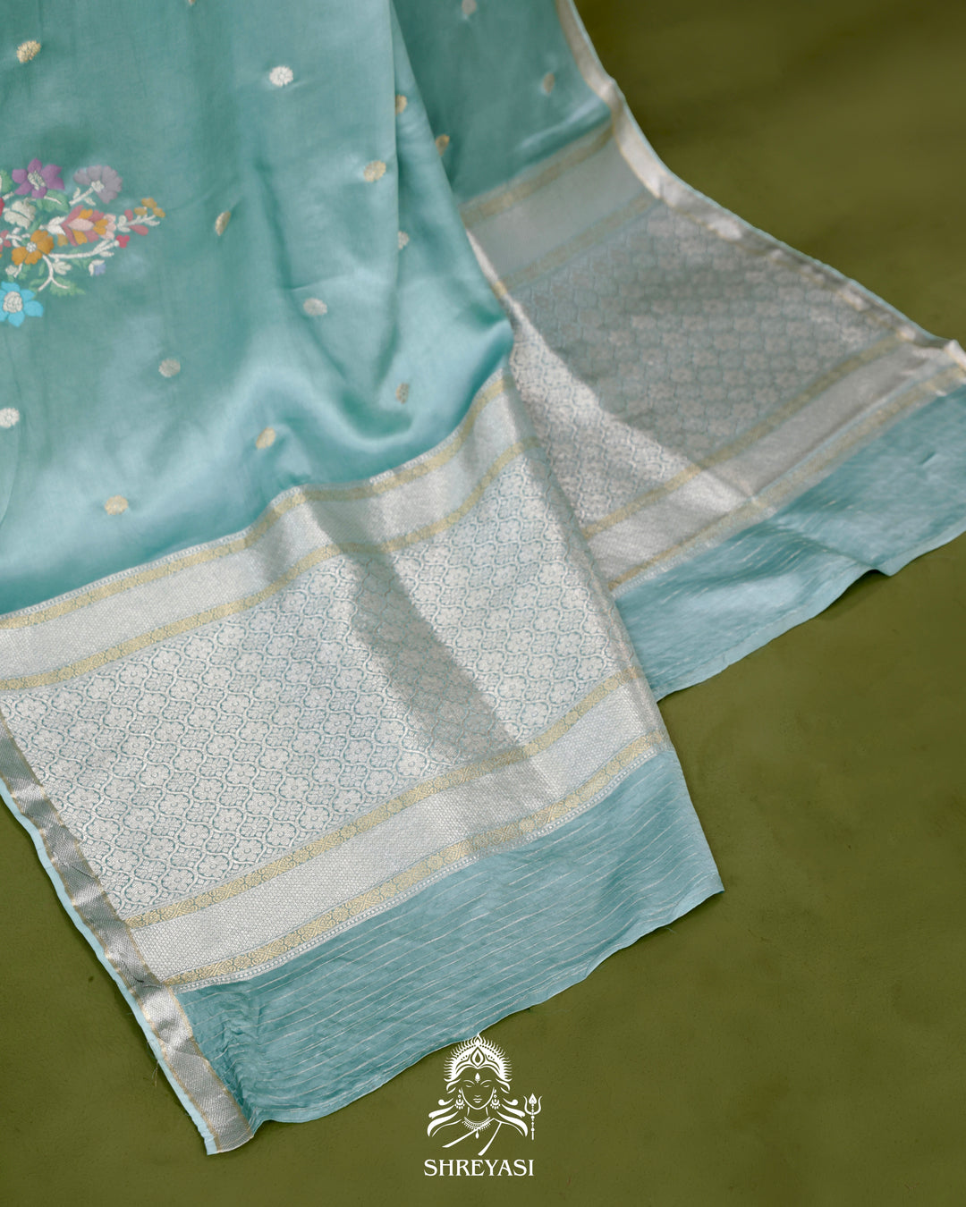 Handloom Pure Mashru Silk Saree with Sona Rupa Meenakari Bhutis and Nakshi Pallu