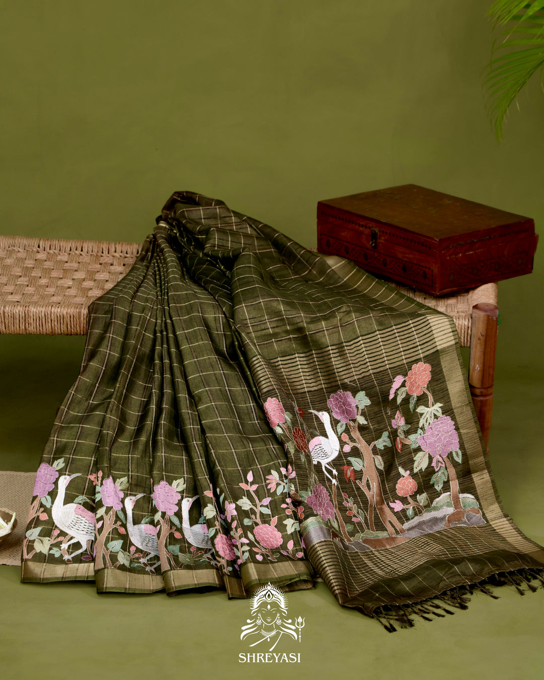 Pure Linen Tussar Silk Saree with Resham Embroidered Borders