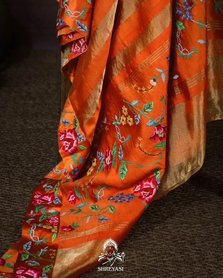 Handloom Pure Banarasi Tissue Stripes Saree with Petit Point Embroidered Borders