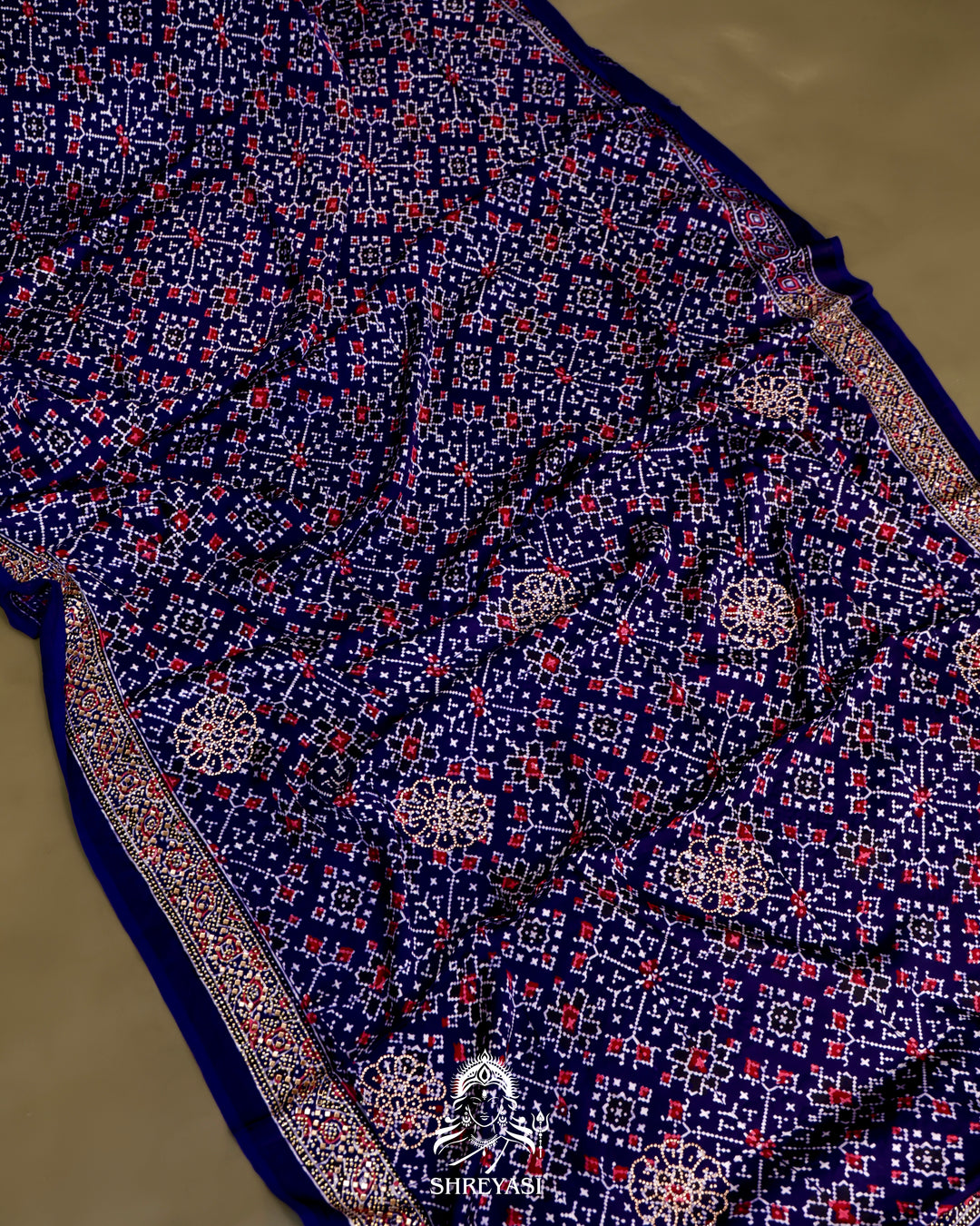 Pure Modal Silk Ajrakh Saree with Swarovski Crystal Embroidery