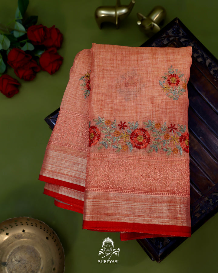 Bengal Linen Saree with Resham Floral Embroidery