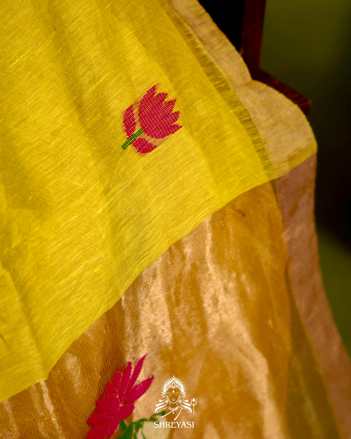 Handloom Silk Linen Jamdani Saree with Tissue Paithani Pallu
