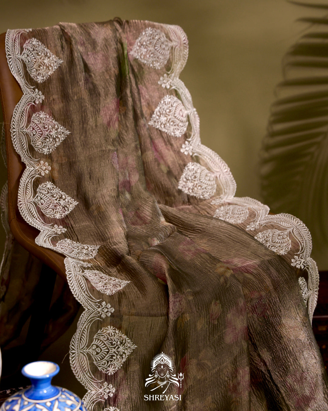 Handloom Pure Crushed Ektara Tissue Silk Saree with Floral Print and Scallop Embroidery
