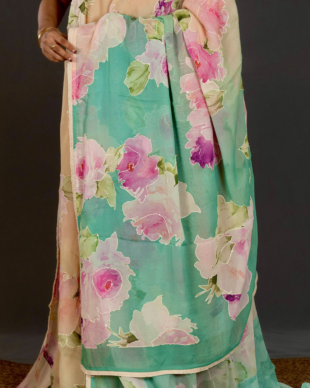Pure Georgette Floral Saree with Thread Embroidery and Micro Sequins