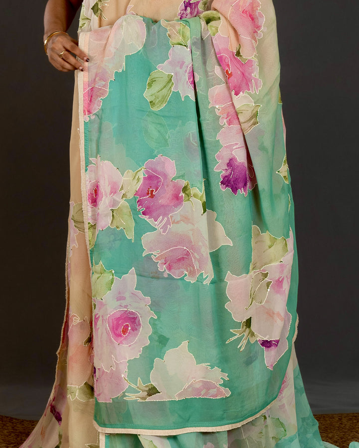 Pure Georgette Floral Saree with Thread Embroidery and Micro Sequins