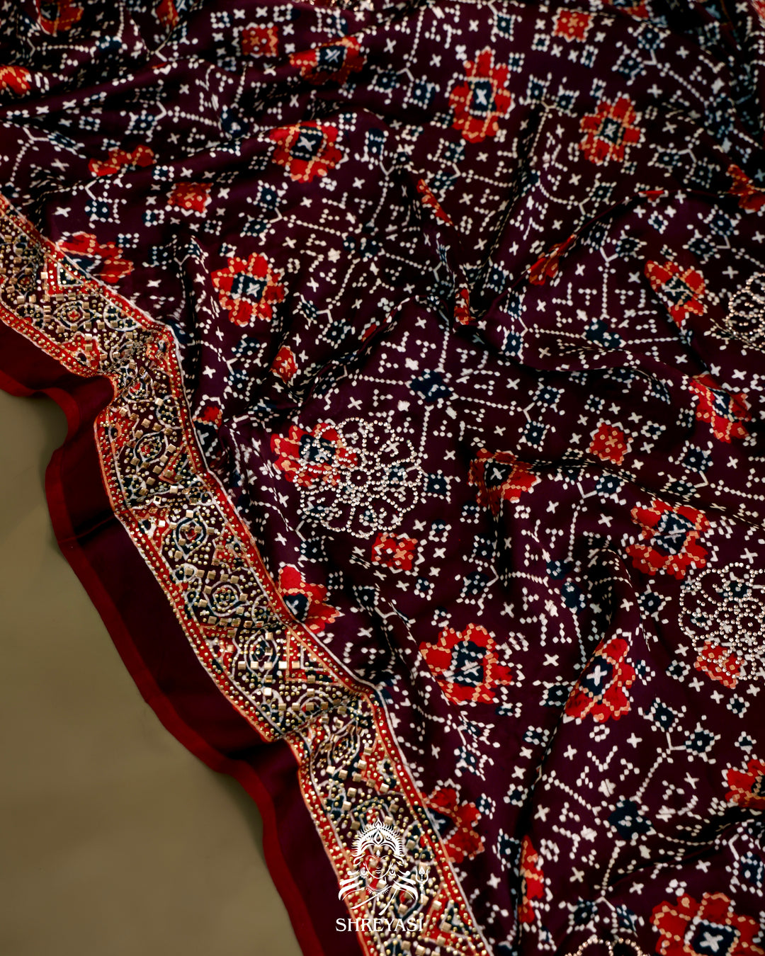 Pure Modal Silk Ajrakh Saree with Swarovski Crystal Embroidery