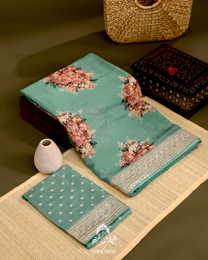 Crepe Satin Silk Saree with Floral Design and Embroidered Border