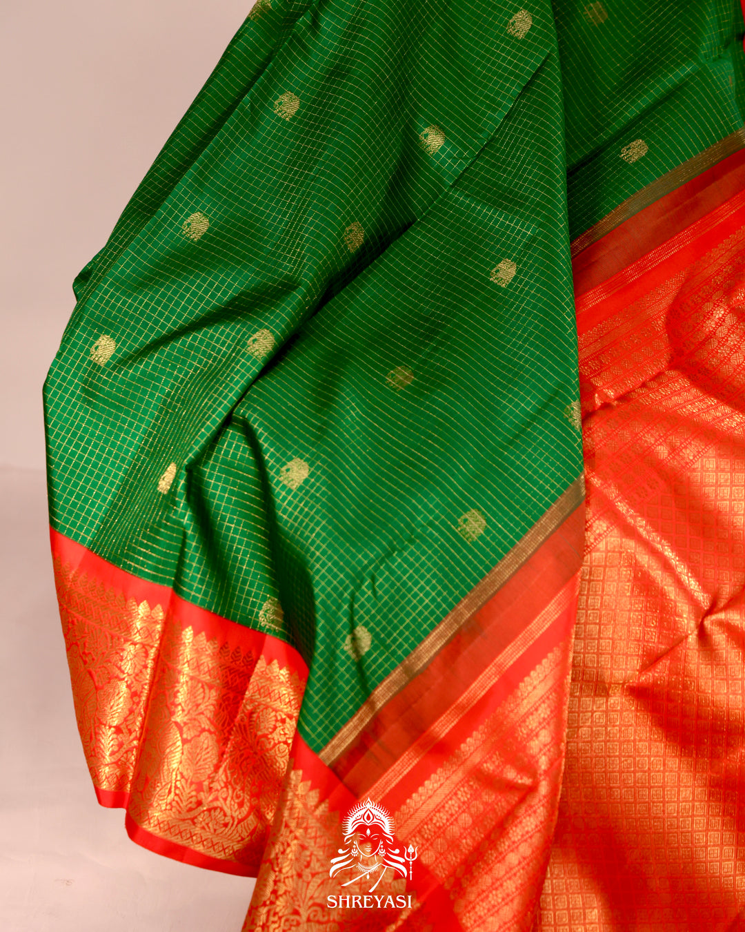 Handloom pure Kanjivaram silk saree with real zari, kattam checks, and traditional motifs