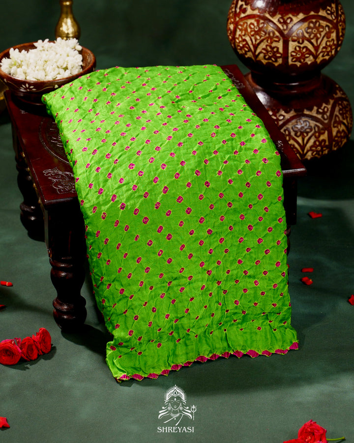 Handloom Pure Bandhani Gaji Silk Saree with Hand-Knotted Bandhej and Multicolored Bandhani Pallu