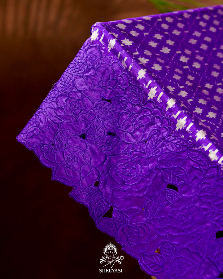 Handloom Pure Patola Silk Saree with Scalloped Floral Appliqué Embroidered Borders