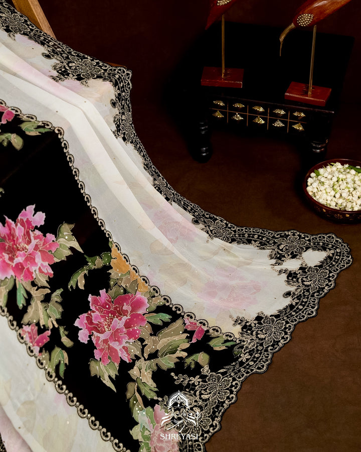 Pure Georgette Floral Saree with Chantilly Lace Embroidery Border