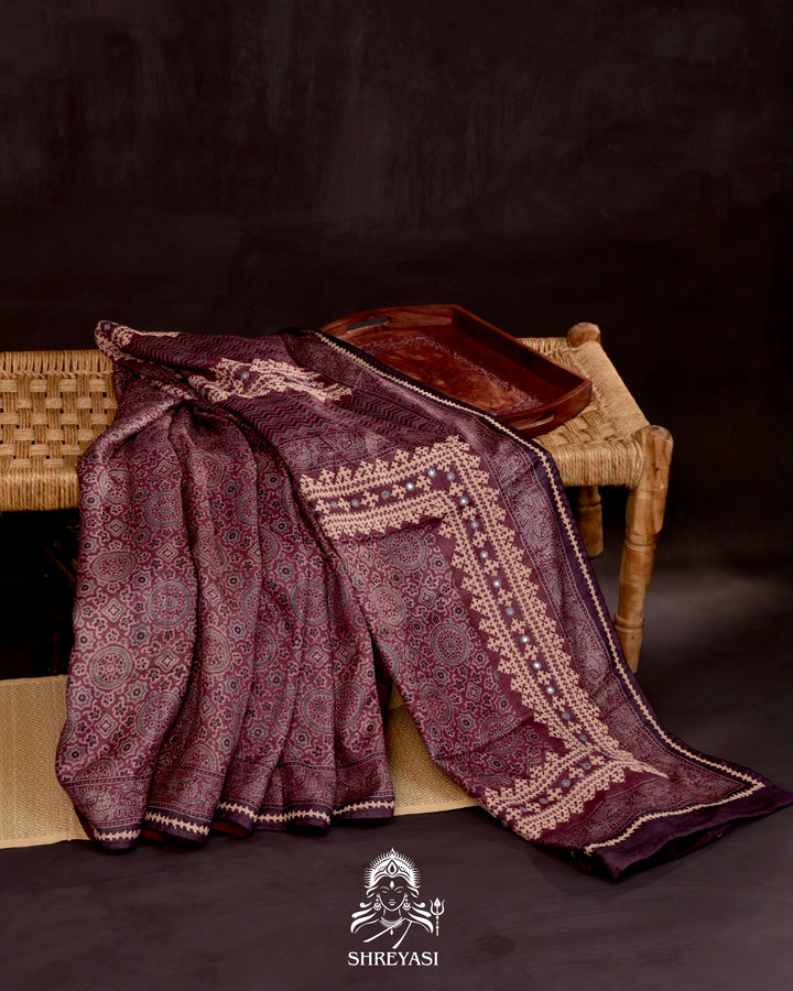Ajrakh Silk Saree with Kutch Embroidery and Mirror Work