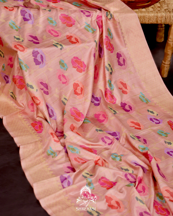 Banarasi Ektara silk saree with kadhwa meenakari weaving and all-over jamdani-inspired floral motifs