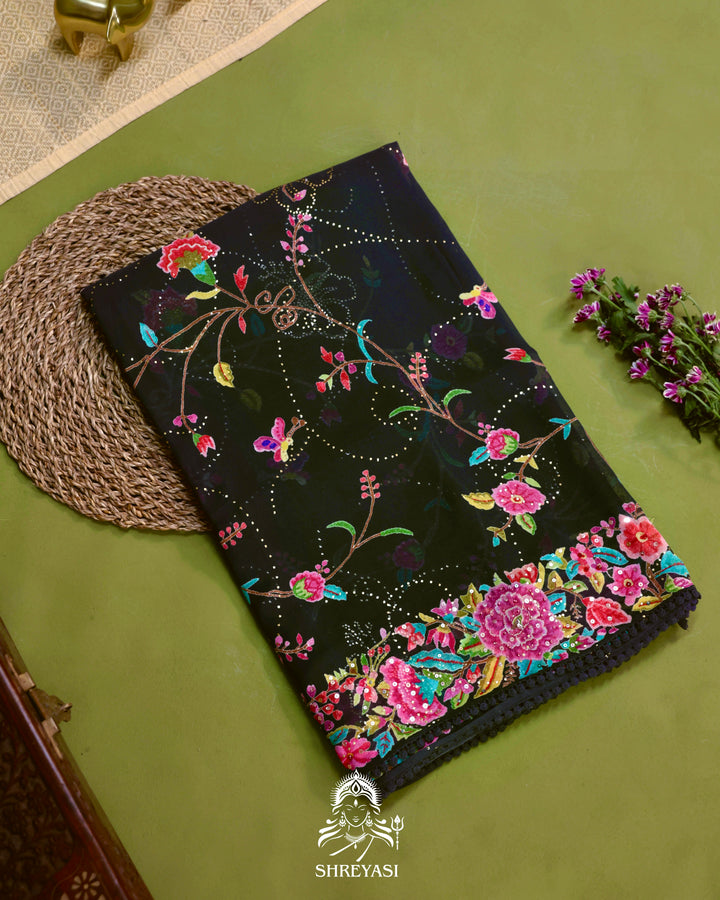 Midnight Floral Pure Georgette Saree with Mukaish, Bead & Sequin Work