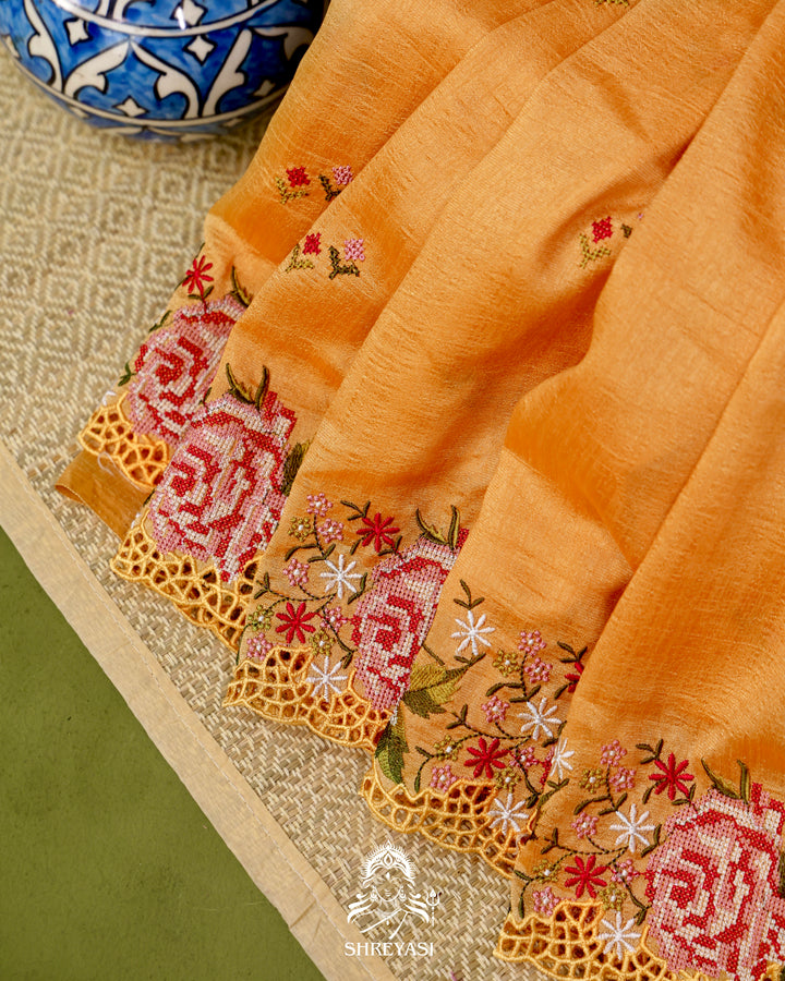 Tussar Silk Saree with Petit Point Embroidery