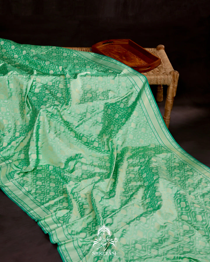 Banarasi Ektara silk saree in soft green with jamdani-style cutwork motifs and subtle woven border