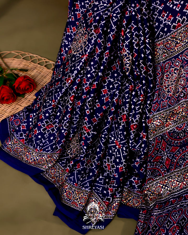 Pure Modal Silk Ajrakh Saree with Swarovski Crystal Embroidery