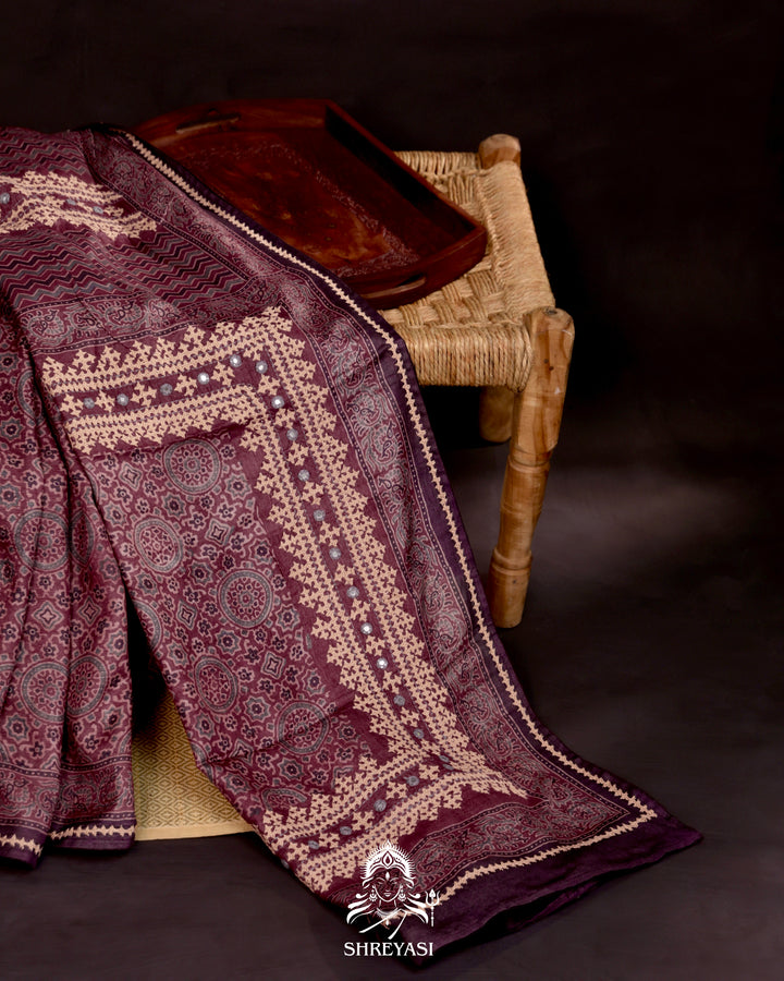 Ajrakh Silk Saree with Kutch Embroidery and Mirror Work