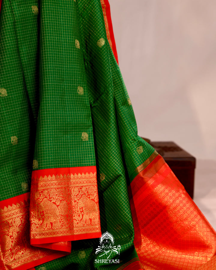 Handloom pure Kanjivaram silk saree with real zari, kattam checks, and traditional motifs