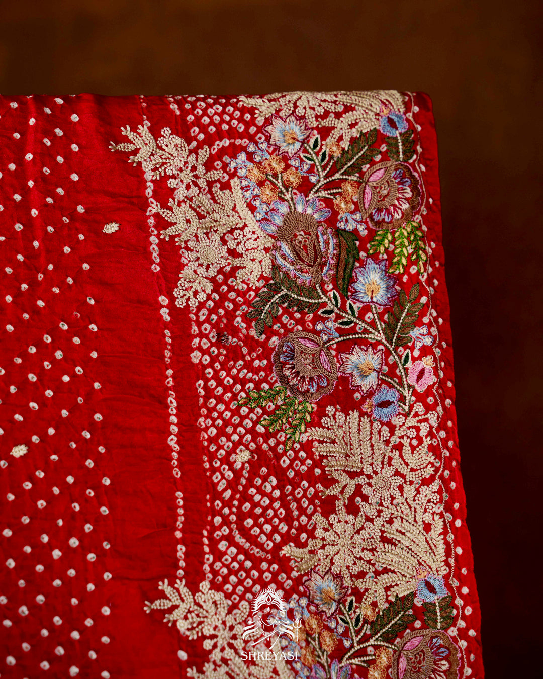 Handloom Pure Gaji Silk Bandhej Saree with Floral Embroidery in Scarlet Red