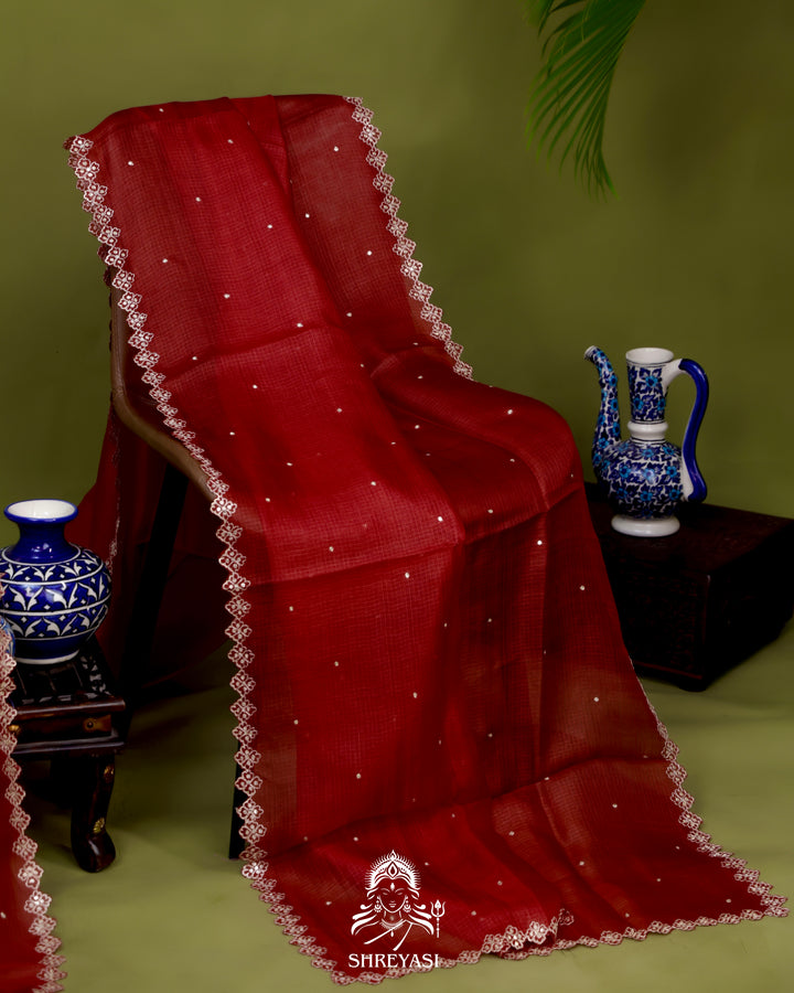 Handloom Pure Tussar Kota Saree with Scalloped Pitta Embroidery Border