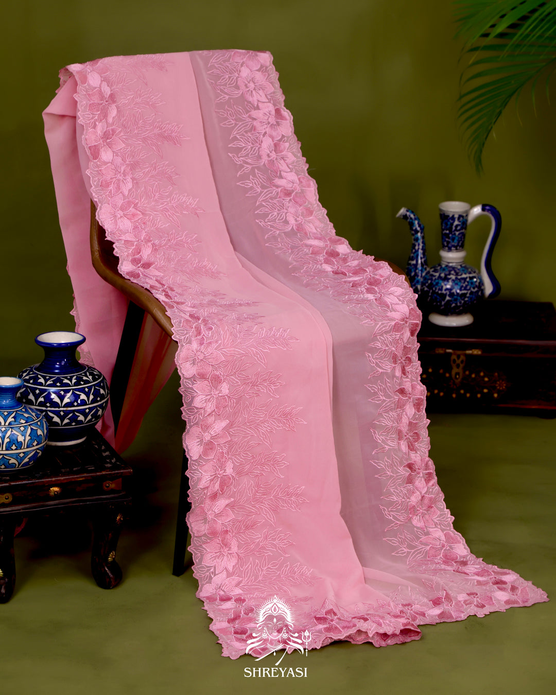 Soft Georgette Saree with Floral Thread Embroidery Border