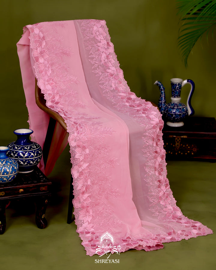 Soft Georgette Saree with Floral Thread Embroidery Border