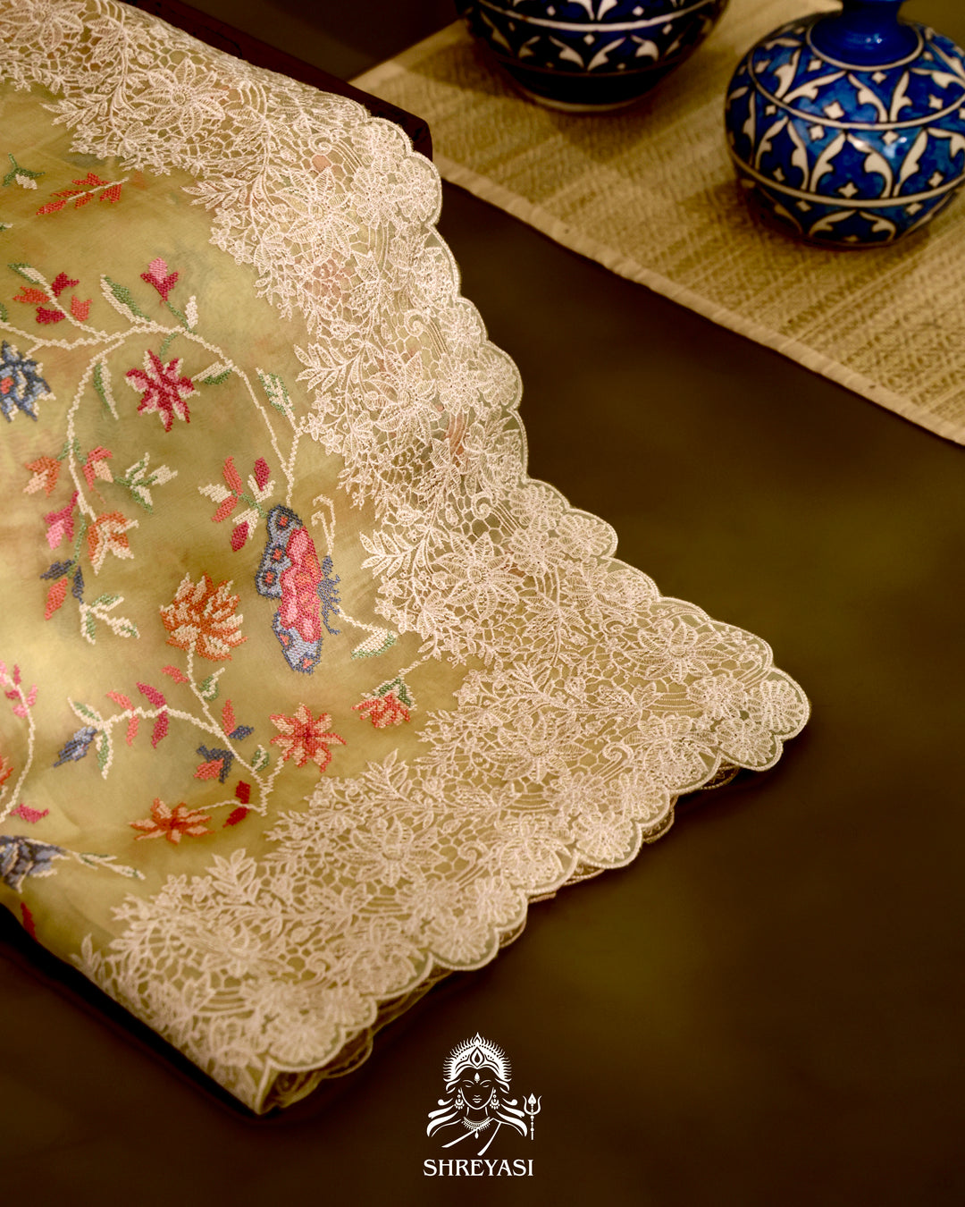 Organza Silk Saree with Petit Point Embroidery and Chantilly Lace Border