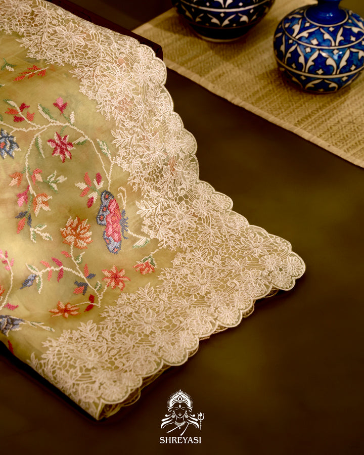 Organza Silk Saree with Petit Point Embroidery and Chantilly Lace Border