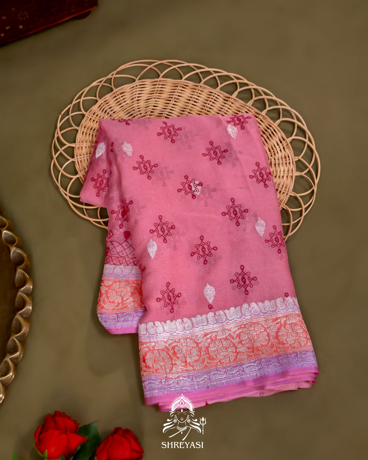 Banarasi Khaddi Chiffon Georgette Saree with Hand Block Motifs