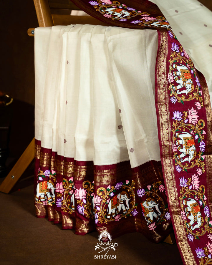 Traditional Tanjore Painting on Handloom Pure Kanjivaram Silk Sarees with Real Zari