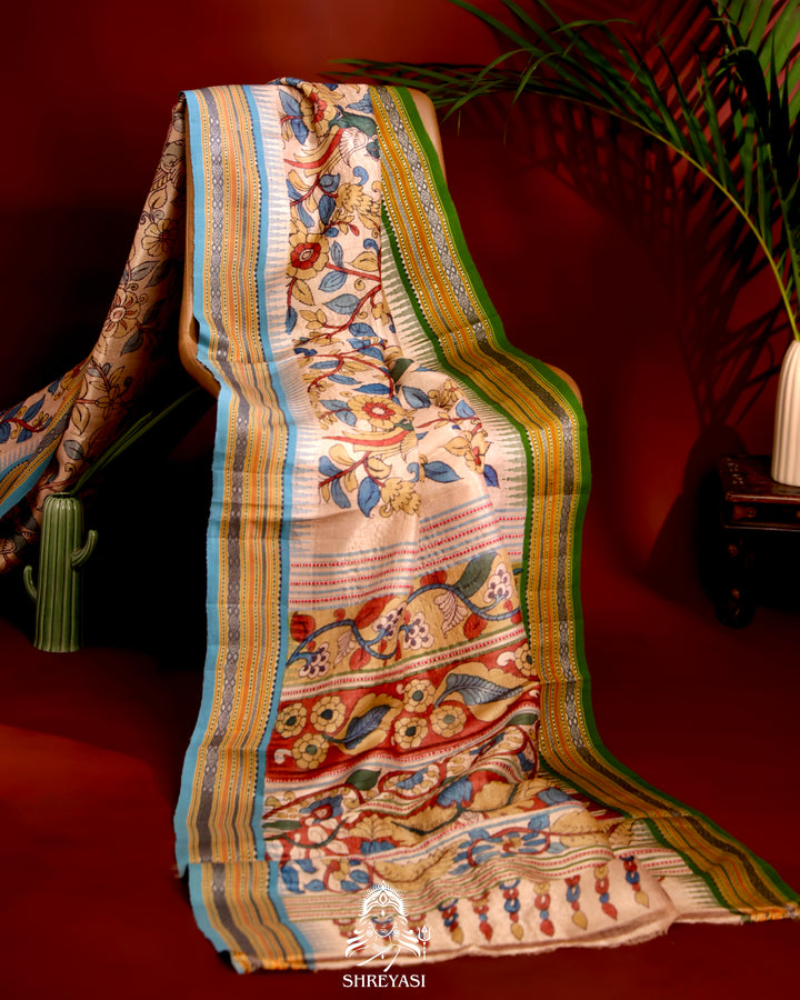 Vidarbha Tussar Silk Saree with Pen Kalamkari Artwork