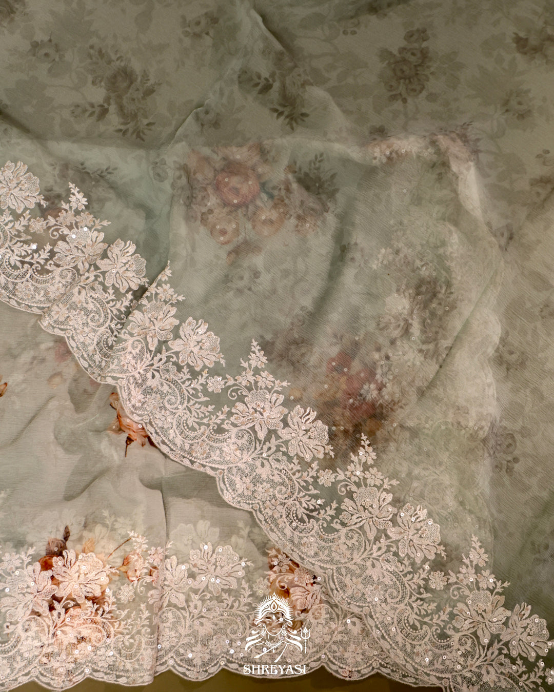 Floral Chiffon Georgette Saree with Scalloped Thread Embroidery