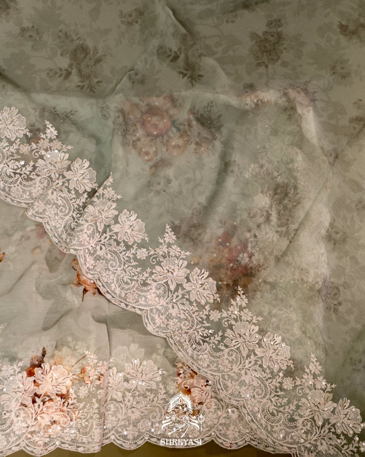 Floral Chiffon Georgette Saree with Scalloped Thread Embroidery