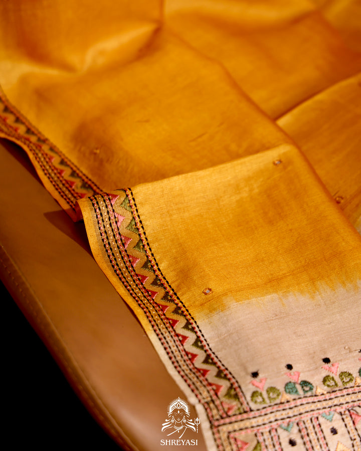 Tussar Silk Saree with Kantha Embroidery