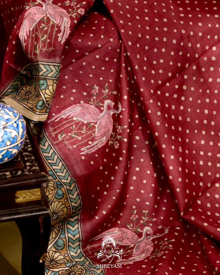 Tussar Silk Bandhej Saree with Pen Kalamkari and Petit Point Embroidery