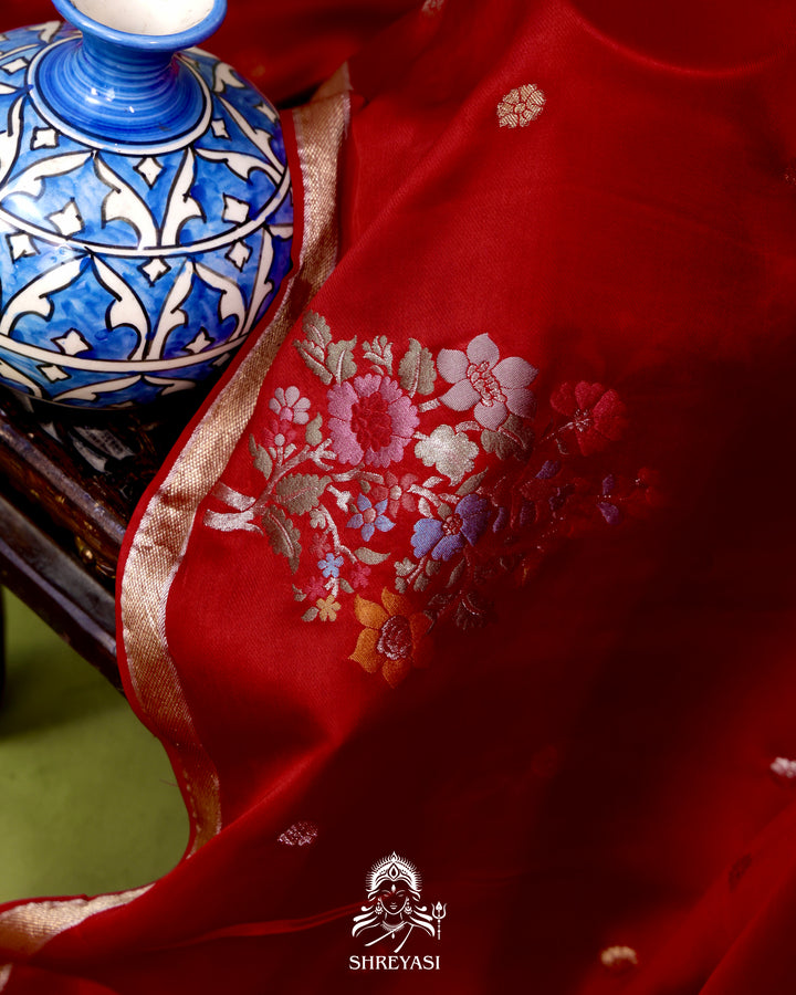 Handloom Pure Mashru Silk Saree with Sona Rupa Meenakari Bhutis and Nakshi Pallu