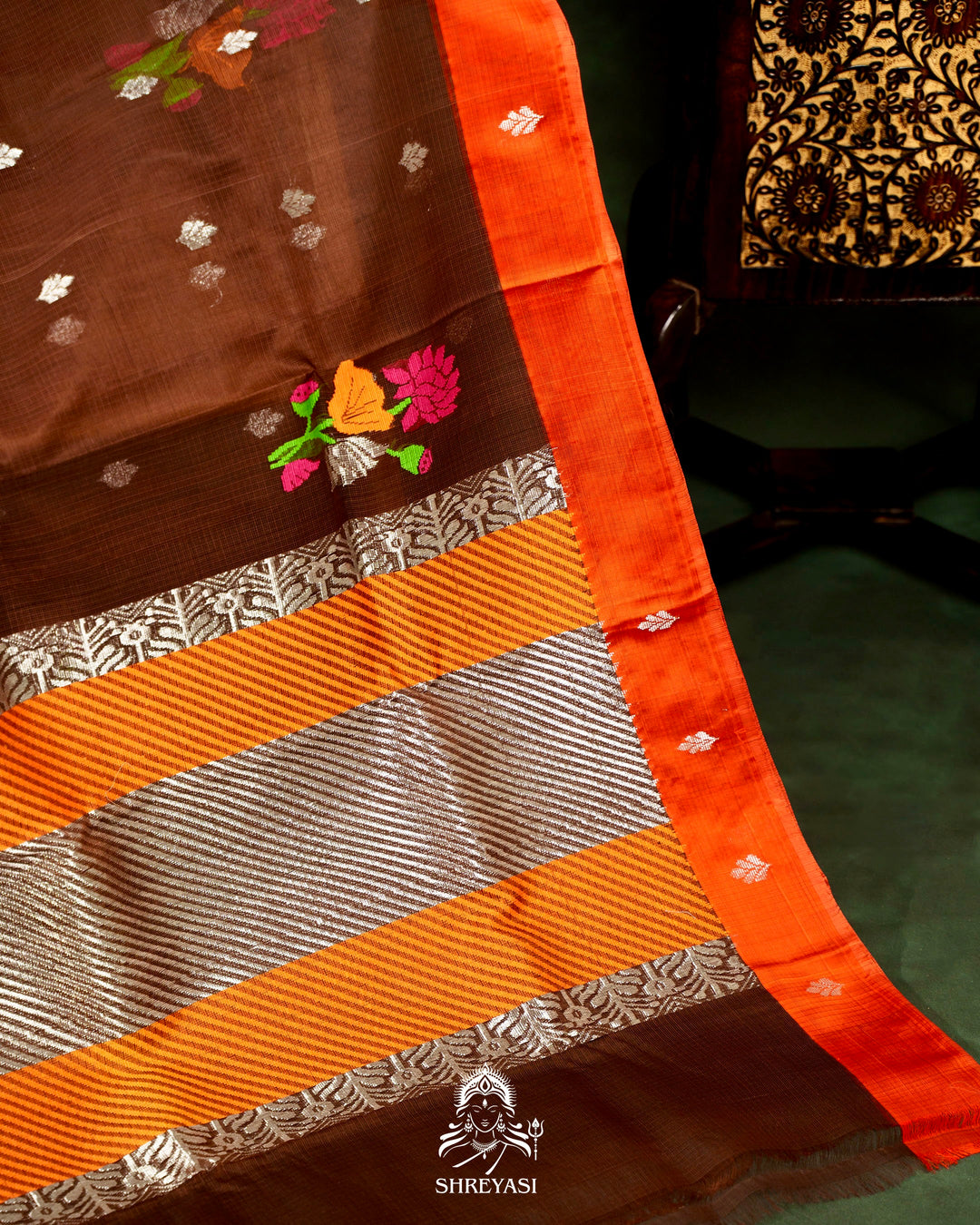 Chocolate Brown Handloom Pure Zari Kota Saree with Orange Contrast Blouse