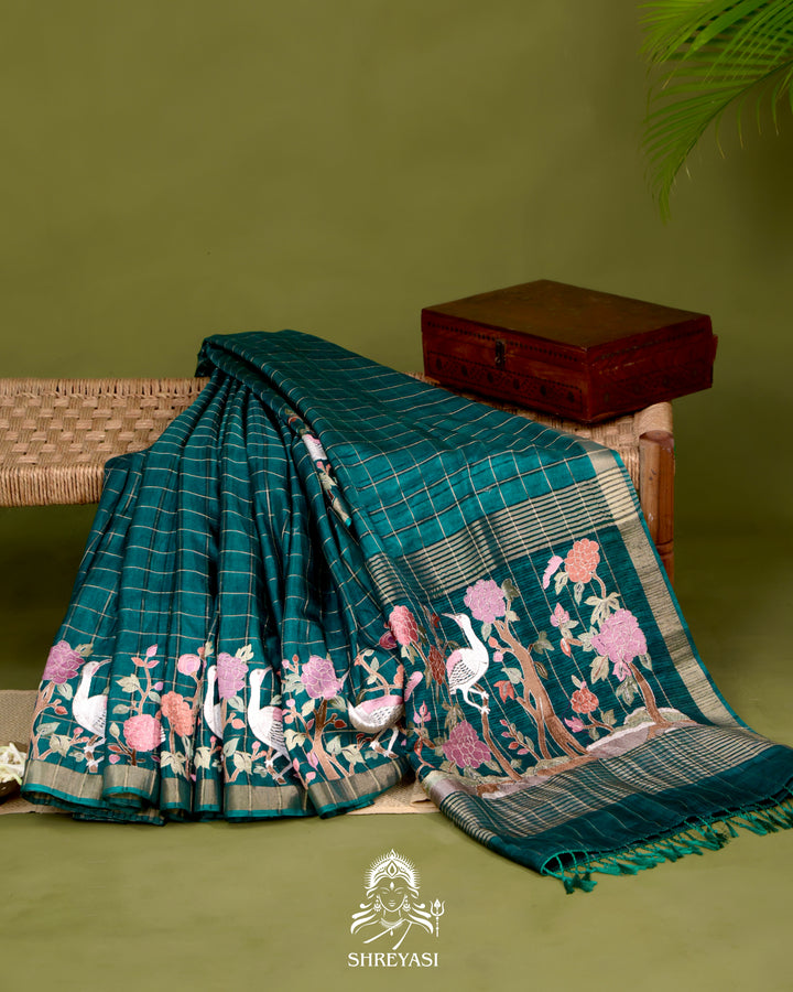 Pure Linen Tussar Silk Saree with Resham Embroidered Borders