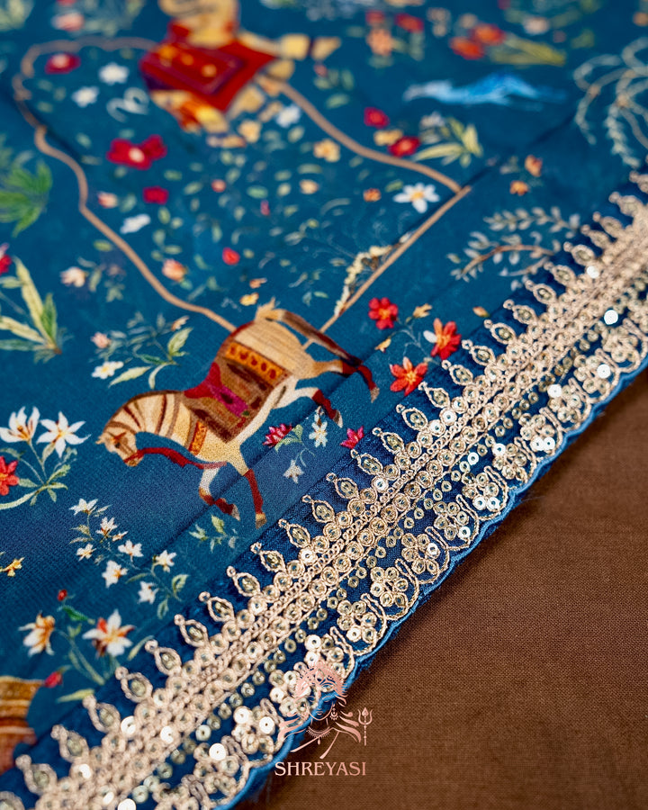 Mughal Garden Print Crepe Chinon Saree with Embroidered Border